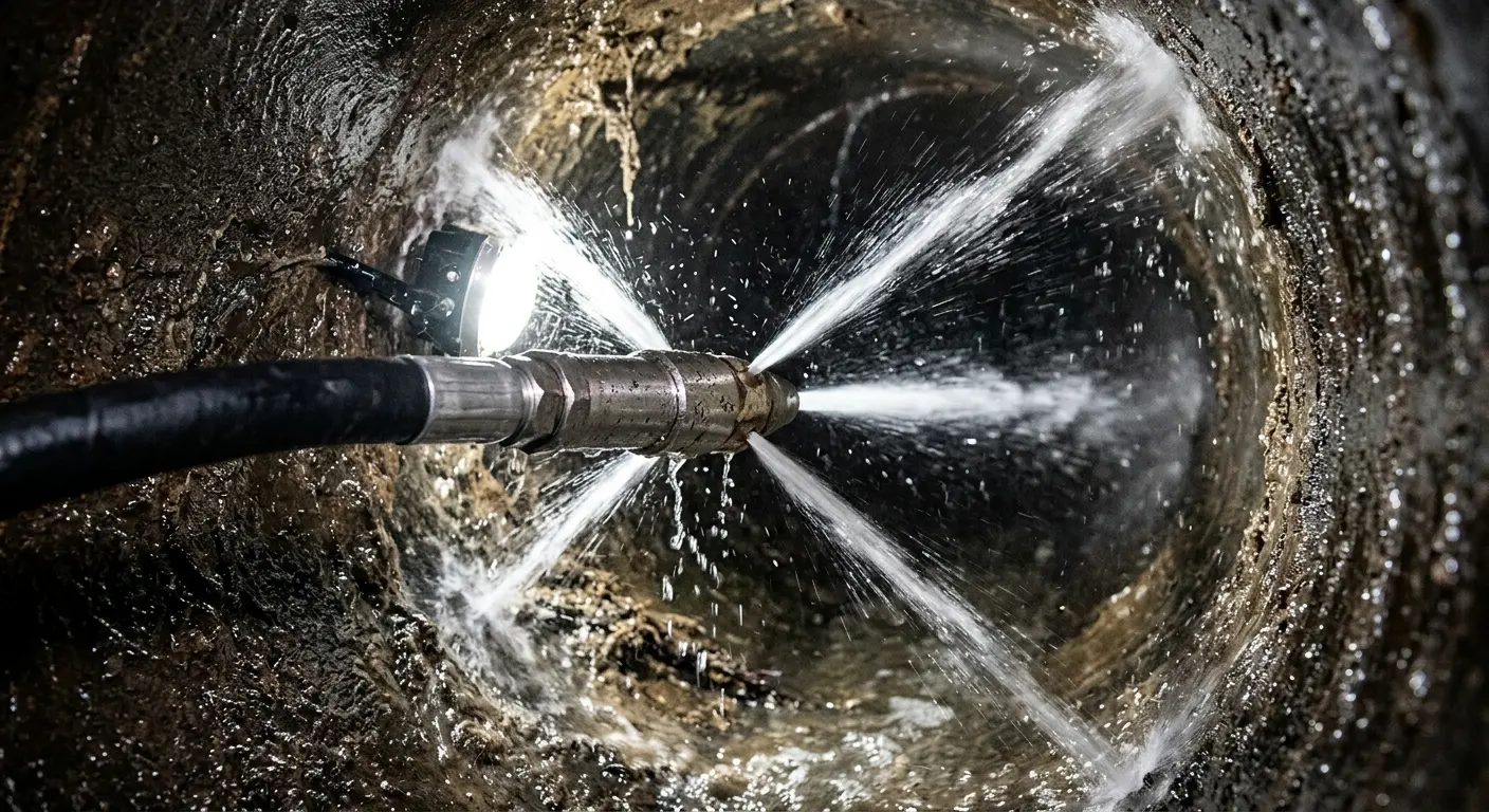High-pressure hydro jetting nozzle cleaning sewer pipe for Emergency Drain Service in Brookline